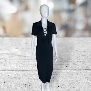 Alice + Olivia Black‎ Short Sleeve Lace Up Neck Collar Dress